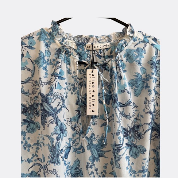 Alice + Olivia Julius Top NWT Women's Small Silk Floral Tie Neck Blouson Sleeve - Picture 3 of 5